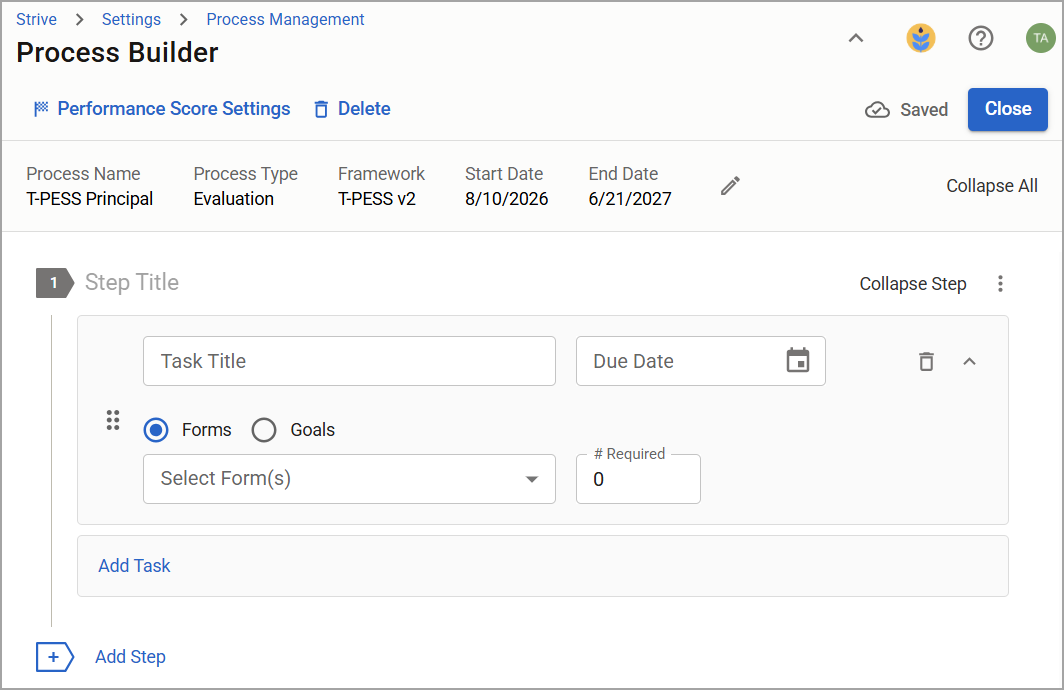 Process Builder interface showing evaluation settings for T-PESS Principal with step and task options.